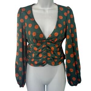 Feel In Hunter Green Orange Polka Dot V Neck Long Bishop Sleeve Crop Top size S